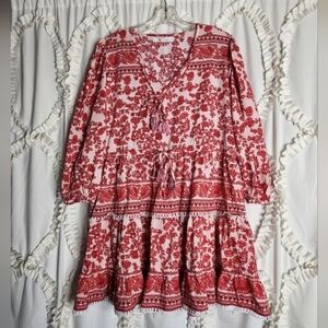BINDU Poppy Cotton Mini Dress Resortwear Pink Floral Lace Detail Sz Small